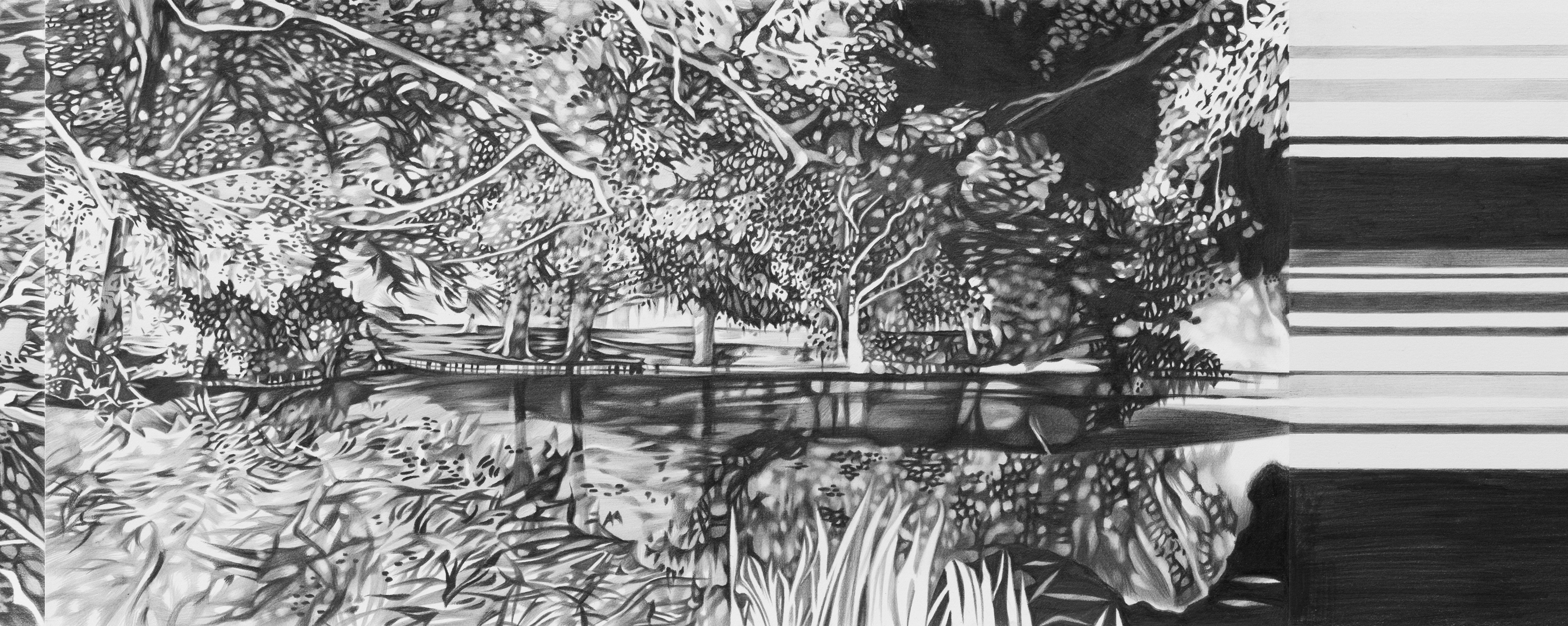 Marc Brandenburg, Untitled, 2024 (detail), Courtesy Galerie Thaddaeus Ropac, © Photo: CHROMA, André Carvalho Black-and-white inverted drawing by the artist on paper. The motif is Berlin